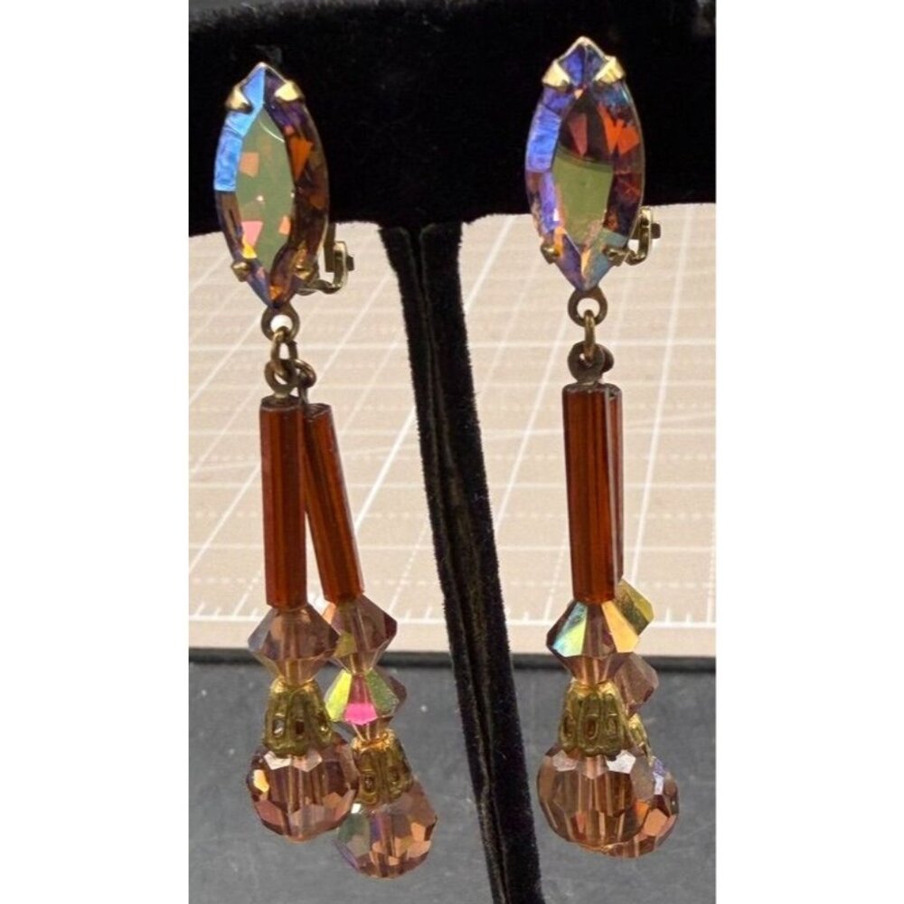 Vintage Earrings Lewis Segal Clip California Aurora Borealis Orange Color